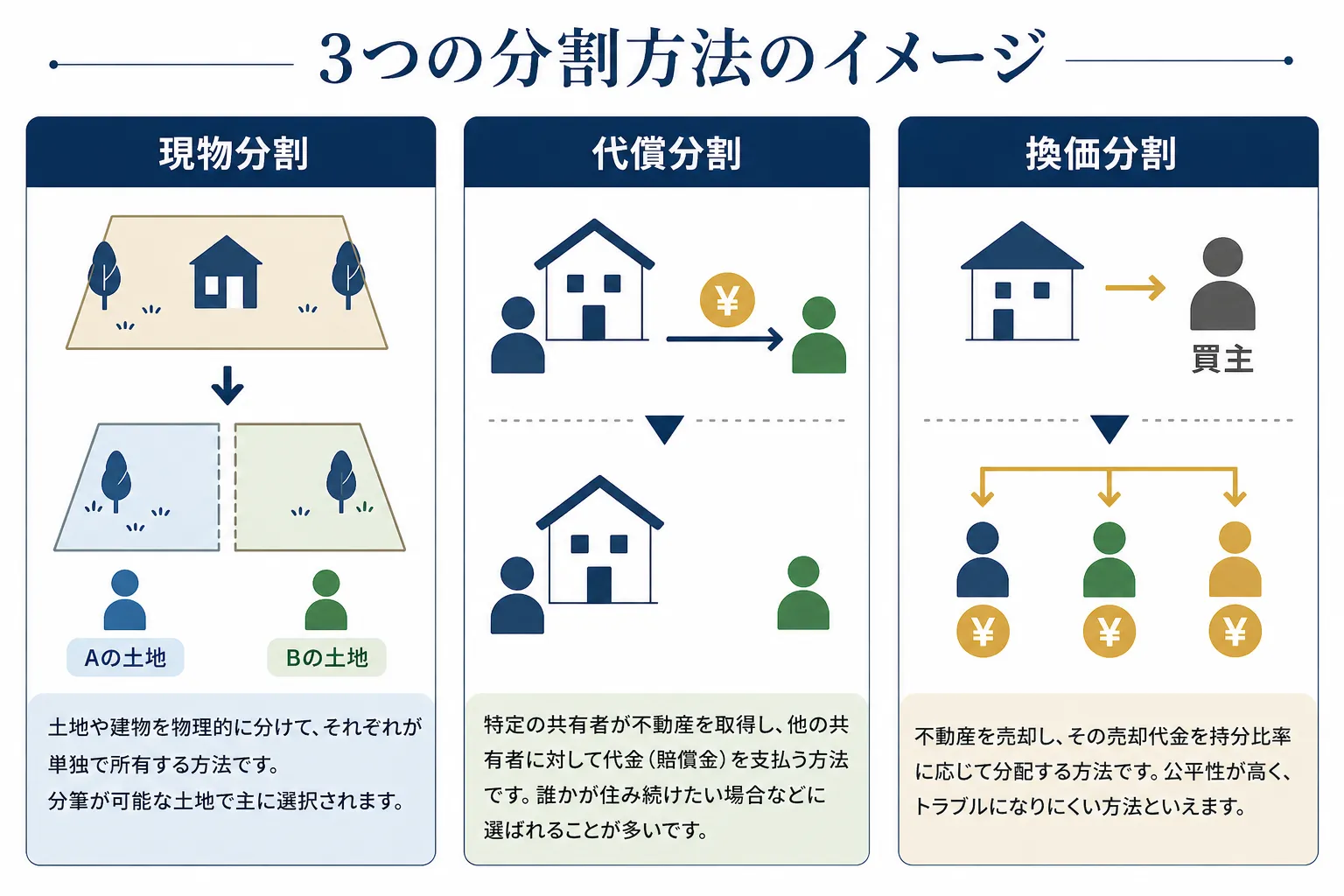 3つの分割方法 現物分割 代償分割 換価分割 メリット デメリット 比較